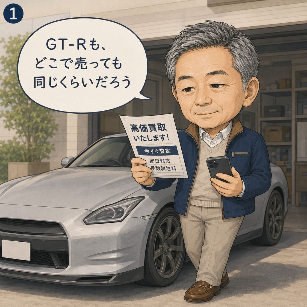 GT-R買取でどこで売っても同じという誤解。愛車を前に買取店のチラシを眺め、「GT-Rも、どこで売っても同じくらいだろう」と油断する年配オーナーの場面。売り先で価格が変わることに気づいていない1コマ目。
