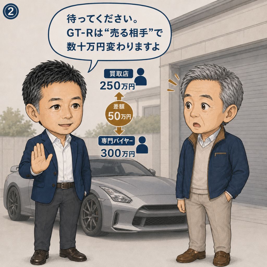 GT-R買取の落とし穴。専門家が「待ってください、GT-Rは売る相手で数十万円変わりますよ」と手を差し出して引き留め、油断していた年配オーナーが驚く場面。価格だけで売り先を決める失敗を防ぐ2コマ目。