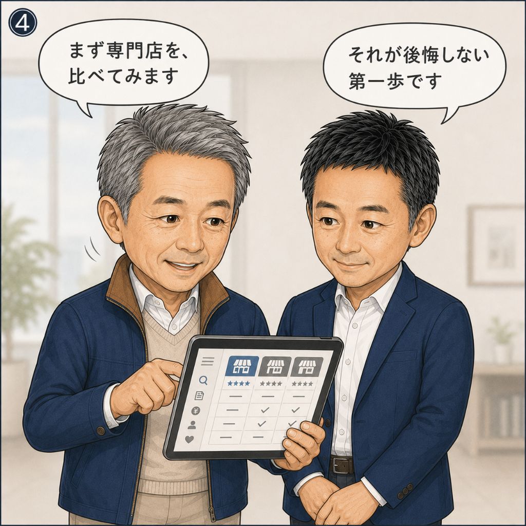 GT-R買取の専門店比較の始め方。年配オーナーが「まず専門店を、比べてみます」と前向きにタブレットで比較を始め、専門家が「それが後悔しない第一歩です」と穏やかに見守る4コマ目。